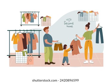 Family customer buying clothes.  Couple shopping in flea market or second hand shop. Eco sustainable fashion concept. Cheap garage sale, second hand shop. Flat vector cartoon illustration