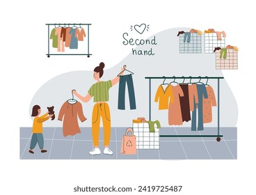 Family customer buying clothes.  Mom and child  shopping in flea market or second hand shop. Eco sustainable fashion concept. Cheap garage sale, second hand shop. Flat vector cartoon illustration