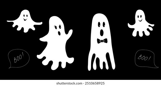 Family of cute cartoon ghosts on a black background. Happy Halloween concept, spooky and fun design. Vector illustration.