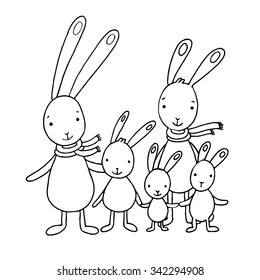 Family of cute cartoon hares. Hand drawn vector illustration on a white background.