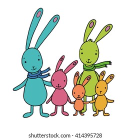 Family of cute cartoon hares. Hand drawn vector illustration on a white background.