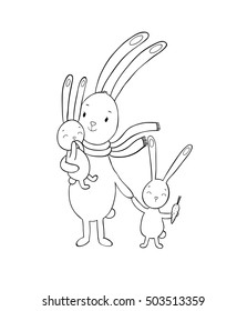 Family of cute cartoon rabbits. Funny animals.  Hand drawing isolated objects on white background. Vector illustration. Coloring book.