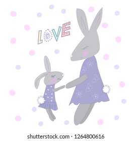 Family of cute cartoon rabbits mother and daughter with hand drawn phrase Love. Vector illustration.