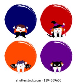 Family cute cartoon tooth character as witch, Dracula, black cat and bat with each color circle. Happy Halloween concept. Design for banner, poster, greeting card. Illustration.
