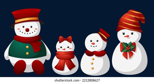 Family of cute cartoon-style snowmen for kids. Mom, Dad, brother and sister snowmen