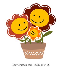 A family of cute cheerful flowers in a flower pot. Illustration in a flat style isolated on a white background. Vector drawing for postcards, posters, pajamas, packaging, wallpaper, tee print.