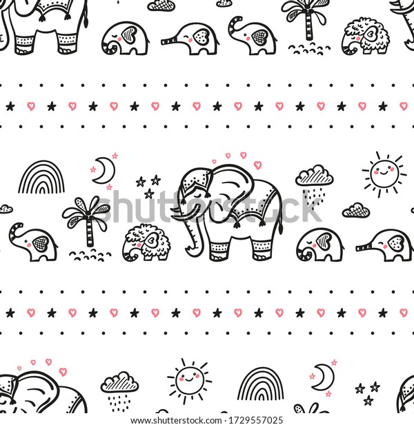 Family of\
Cute Elephants Vector Seamless Pattern. Weather Elements Patterns,\
Mom Elephant with Baby Elephants and Little Mammoth. Doodle Cartoon\
Animals. Background for\
Kids