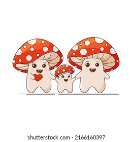 A family of cute fly agarics, characters. Funny mushrooms with a charming face. Children's flat vector illustration on a white background