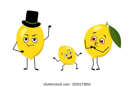 Family of cute lemon characters with joyful emotions, smiling face, happy eyes, arms and legs. Mom is happy, dad is wearing a hat and the child is dancing. Citrus fruit in the form of a person