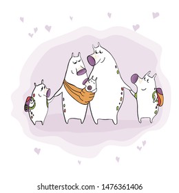 Family of cute monsters, parents and kids, vector illustration, hand drawing for your design. Children's style. Notebooks, postcards, labels, diaries, accessories-school, stickers, t-shirts, banners