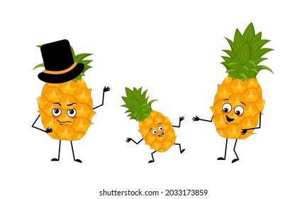 Family of cute pineapple characters with joyful emotions, smile face, happy eyes, arms and legs. Mom is happy, dad is wearing a hat, and the child is dancing. Exotic fruit in the form of a human