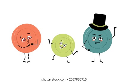 Family of cute plates character with joyful emotions, face, happy eyes, arms and legs. Mom is happy, dad is wearing a hat and the child is dancing. Mischievous dishes for a cafe