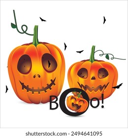 Family of cute pumpkin characters with happy emotions. BOO! Cheerful vegetable for Halloween. Festive autumn decoration for October.