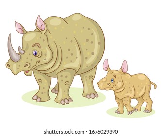 Family of cute rhinoceros. Сhildren and parents. In cartoon style. Isolated on white background. Vector illustration.