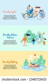 Family Cycle Active Games Family Fishing Vector Flat Illustration Banner. Parents with Children Play Badminton and Ball. Whole Family Went for Weekend on Beautiful Lake Go Boating Fish