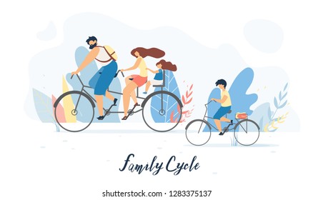 Family Cycle Flat Vector Banner, Poster with Father and Mother Riding Tandem Bicycle with Daughter Sitting on Child Bike Seat Behind, Son Cycling Beside Illustration. Family Outdoor Activity Concept