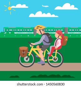 Family cycle vector poster with father riding bicycle with daughter sitting on child bike seat behind. Cycling beside the train illustration. Family outdoor activity concept.