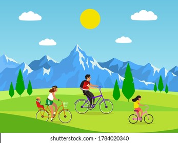 Family cycling. Active mom dad and kids riding bikes in mountains, outdoor activities and sport or walking in park, healthy lifestyle and fitness concept. Flat vector cartoon isolated illustration