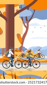 Family cycling in autumn park colorful trees people riding bicycles nature background outdoor activity