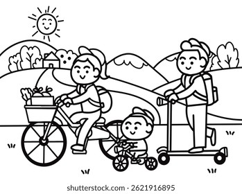 Family cycling the bicycle together at park.