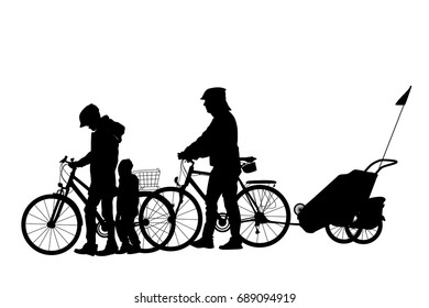 Family cycling with children. Detailed silhouette of woman, man and kid on bicycles with trailer. Urban commute touring. Active recreation lifestyle. Vector design illustration.
