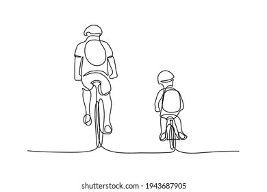 Family cycling in continuous line art drawing style. Father with his little son riding bicycles together. Minimalist black linear sketch isolated on white background. Vector illustration