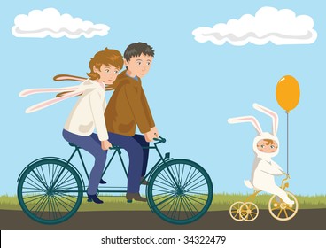Family Cycling: Father, Mother and Child in Rabbit Costumes
