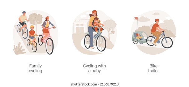 Conjunto de ilustraciones vectoriales de dibujos animados aislados en bicicleta familiar. Padres y niños en bicicleta, en bicicleta con un bebé, estilo de vida activo, en bicicleta con remolque de bicicletas, caricatura vectorial de recreación al aire libre familiar.