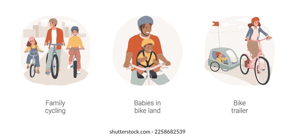 Conjunto de ilustraciones vectoriales de dibujos animados aislados en bicicleta familiar. Padres felices y ciclismo infantil juntos, asiento de bebé en bicicleta, remolque para niños, niño sentado en carrito de bicicletas, caricatura vectorial de estilo de vida activo.