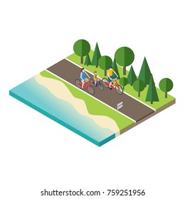 Family cycling on countryside summer sunny road or highway. Mother, father and son