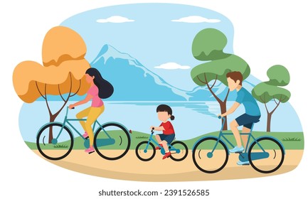 Ciclismo familiar al aire libre. Padre, madre e hija pasan tiempo juntos, actividades al aire libre, estilo de vida saludable. Dibujo vectorial plano de dibujos animados aislado en fondo blanco