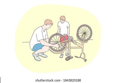 Family, Cycling, Repair, Fathers Day Concept. Man Father Mechanic Dad Daddy Helps Youngster Kid Son Teenager Repairing Fixing Bike Cycle Wheel. Mechanical Maintenance Summertime And Care Illustration.