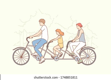 Family, cycling, sport, activity concept. Happy man father woman mother child kid daughter cartoon characters riding a tandem bicycle together. Summer recreation and active lifestyle illustration