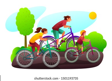 Family cycling together flat vector illustration. Father, mother and child riding bicycle cartoon characters. Active, healthy lifestyle isolated clipart. Happy parenting, parenthood concept