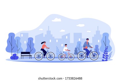 Family cycling in urban park. Parents and child riding bikes in city. Vector illustration for healthy lifestyle, vacation, activity concept