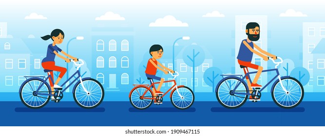 Family of cyclists. Dad mom and son ride bicycles around the city. Vector cartoon illustration.