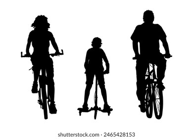 Family of cyclists silhouette. Happy family riding bicycle together. Little boy riding bicycle with parents.Mother and father with kid outdoor enjoying in bike driving.Biker family.Vector illustration