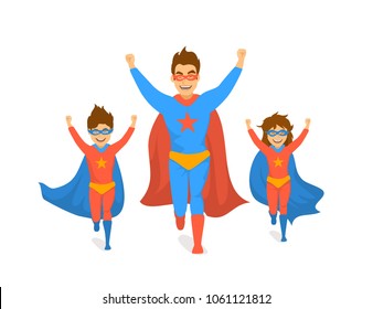 family, dad and kids, cute boy and girl playing superheroes, running excited in super hero costumes front view fun humor fathers day concept isolated vector illustration scene