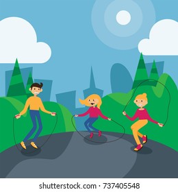 Family of dad, mom and daughter having outdoor fitness with jumping rope. Vector square illustration of sunny day in city park