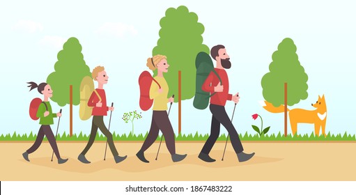 Family: dad, mom, daughter and son go along forest path with backpacks and sticks and meeting fox . Tourism. Vector color cartoon image.