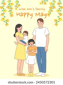 Familia, Papá, Mamá, Hija, Hijo, Ilustración, Familia Luna, Flor, Forsythias, Flores de cerezo