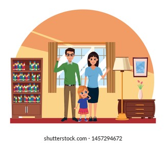 Family dad and mom with little daughter inside home living room scenery ,vector illustration graphic design.