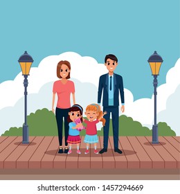 Family dad and mom with little daughters playing with teddy in the park scenery wooden floor and streetlights ,vector illustration graphic design.