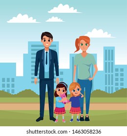 Family dad and mom with little daughters playing with teddy in the city park scenery ,vector illustration graphic design.