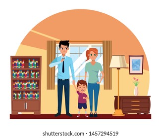 Family dad and mom with little son cartoon inside home living room scenery ,vector illustration graphic design.