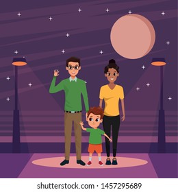 Family dad and mom with little son cartoon in the street at night ,vector illustration graphic design.