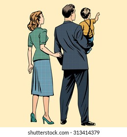 Family dad mom son baby boy back. Man and woman in retro pop art style