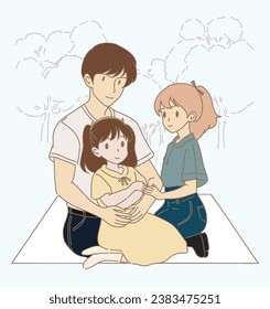 Family, dad and two daughters sitting on mat in park on weekend, enjoyed picnic, spending time together, relaxed leisure vacation summer time. Hand drawn flat cartoon character vector illustration.