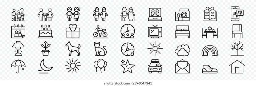 Family and Daily Life Icon Set – Home, Activities, and Nature Symbols