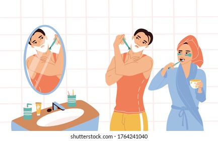 Family daily morning routine. Young man and a girl are standing at the bathroom mirror. A man shaves, and a woman brushes her teeth.Married couple taking care of themselves. Vector flat illustration.